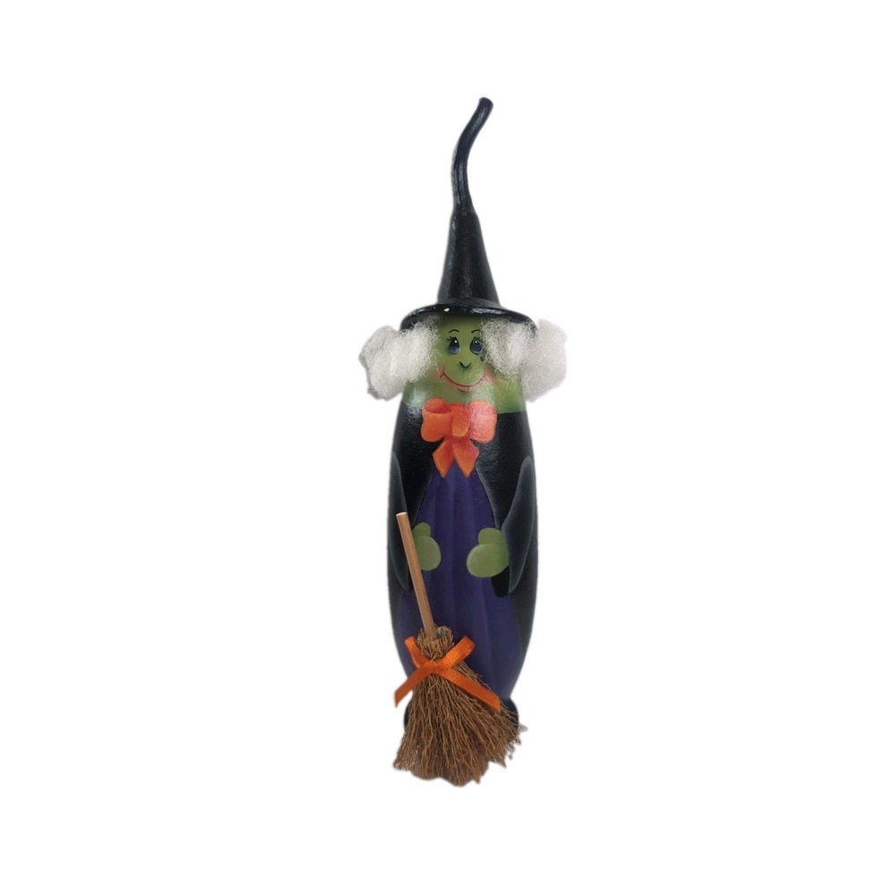Friendly Witch Gourd Figure Halloween Folk Hobbyist Art Whimsical Decor Handmade